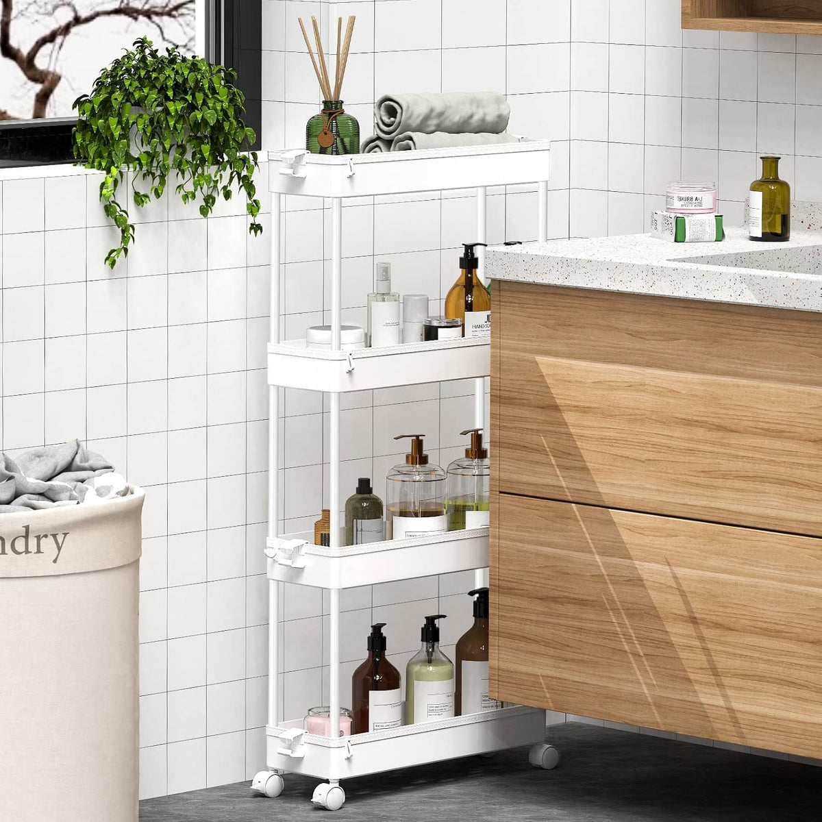 Slim Rolling Utility Storage Cart, 3‑Tier Mobile Bathroom Organizer Trolley, White
