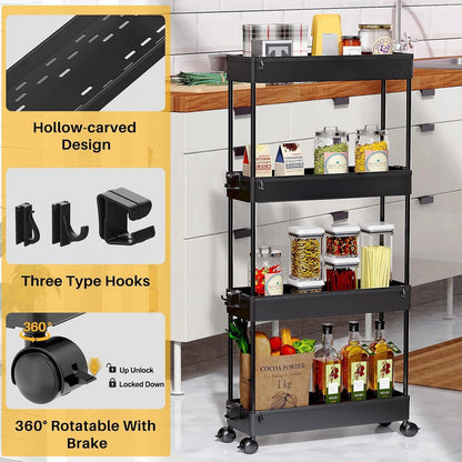Slim Rolling Utility Storage Cart, 3‑Tier Mobile Bathroom Organizer Trolley, White