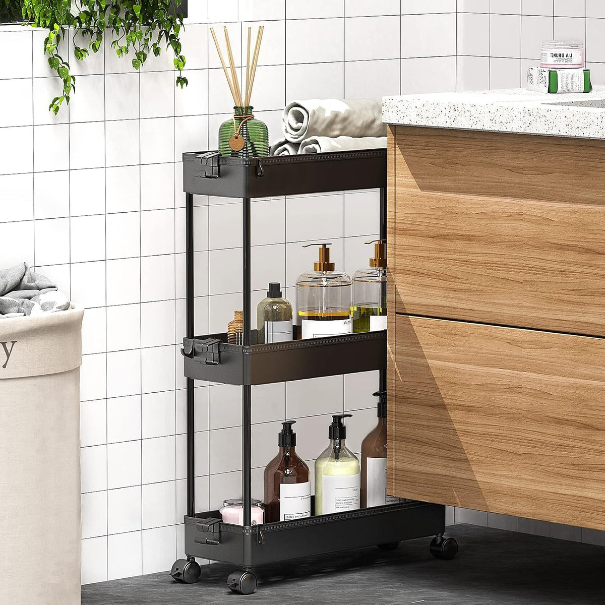 Slim Rolling Utility Storage Cart, 3‑Tier Mobile Bathroom Organizer Trolley, White