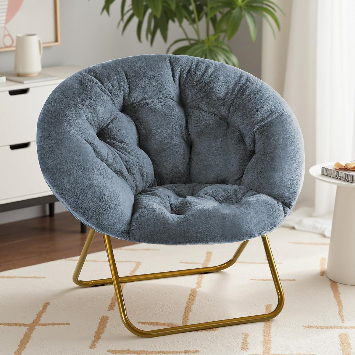 Oversized Faux‑Fur Foldable Lounge Chair, Thick Plush Padded Comfy Chair with Sturdy Metal Frame, Modern Relax Chair for Living Room Bedroom Dorm, for Kids & Adults, X‑Large, Classic Gray