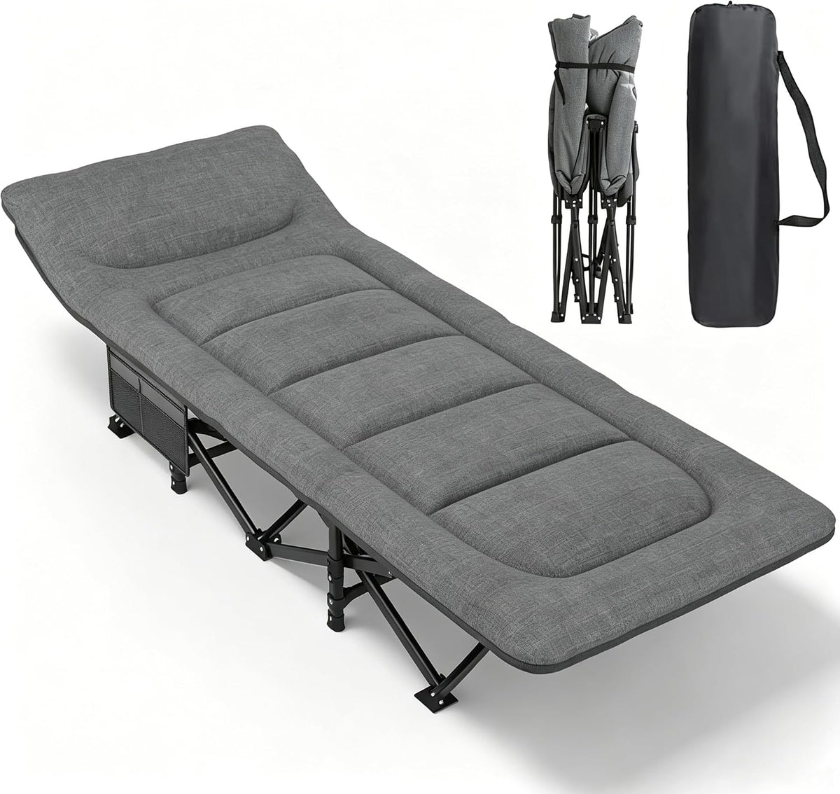 Adult Camping Cot with Cushion and Pillow, Lightweight Portable Folding Sleeping Bed, Outdoor Tent Cot with Carry Bag, Heavy Duty Support 450 lbs, Grey
