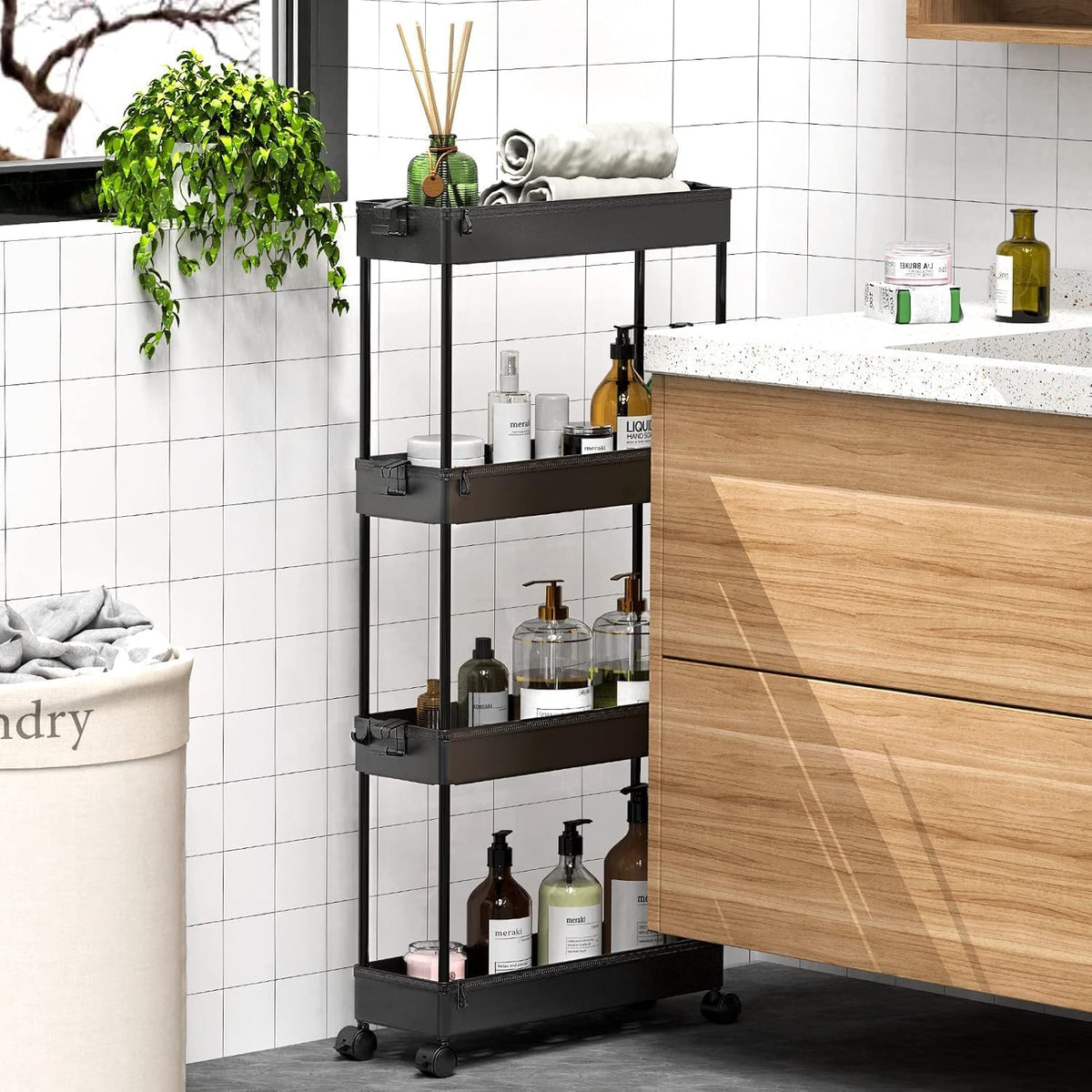 Slim Rolling Utility Storage Cart, 3‑Tier Mobile Bathroom Organizer Trolley, White