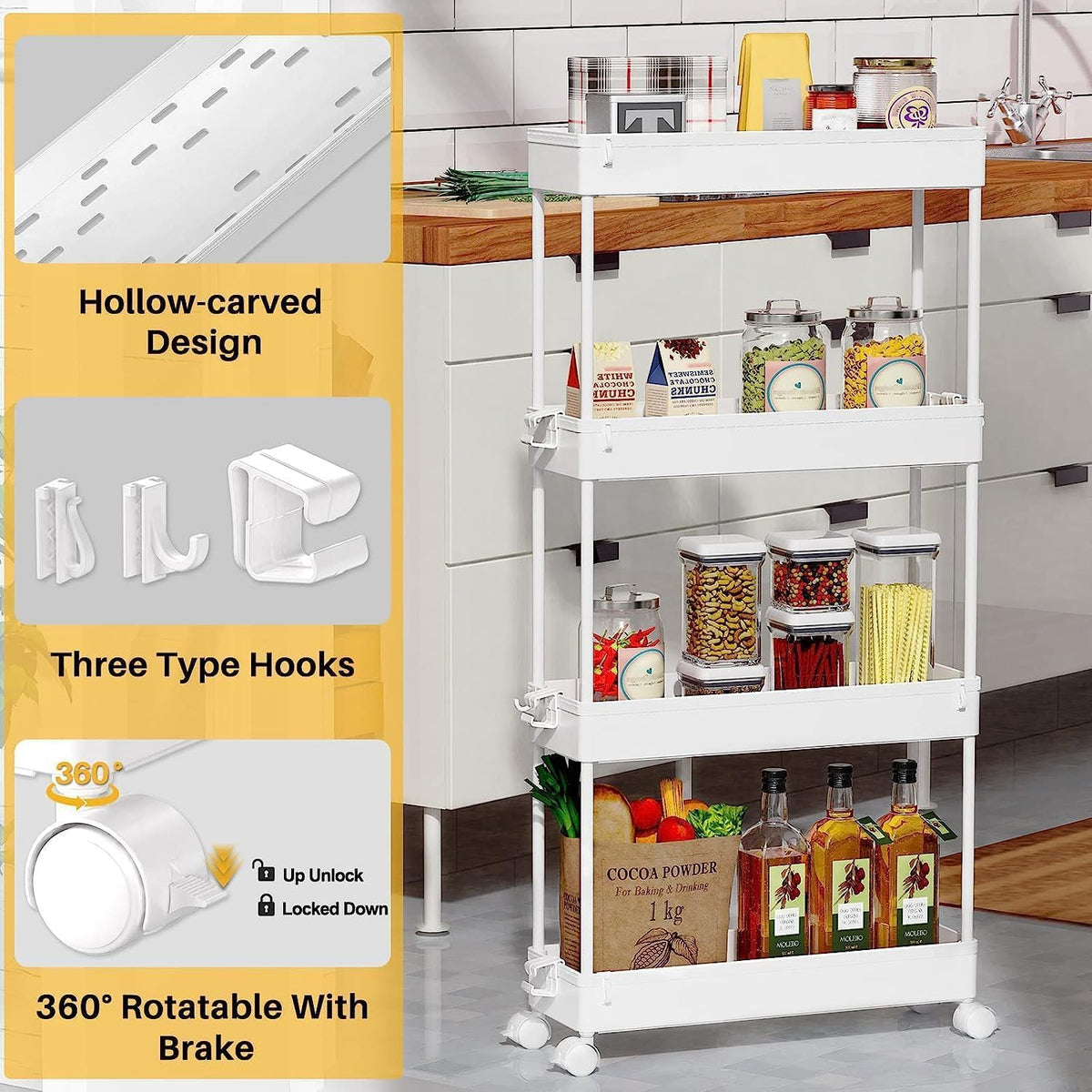 Slim Rolling Utility Storage Cart, 3‑Tier Mobile Bathroom Organizer Trolley, White