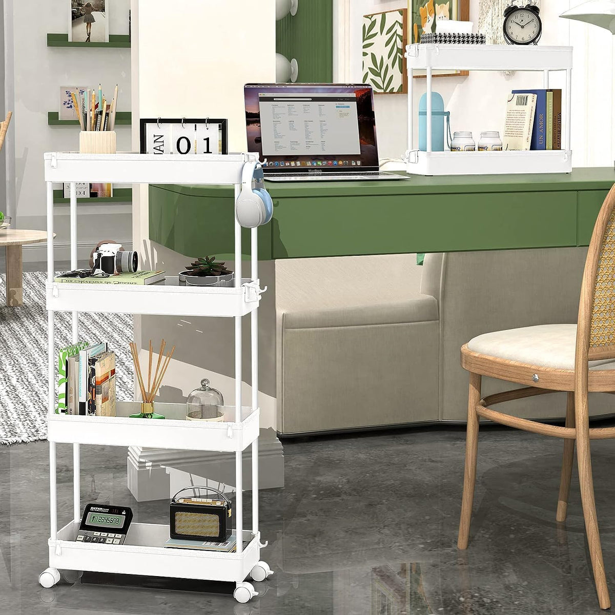 Slim Rolling Utility Storage Cart, 3‑Tier Mobile Bathroom Organizer Trolley, White